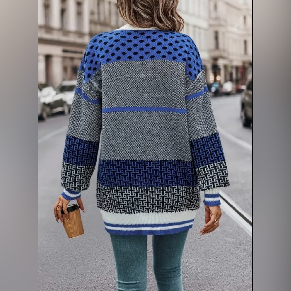 Color Block Geo Print Knit Cardigan Long Sleeve Button Front. Size: Various - Picture 6 of 7